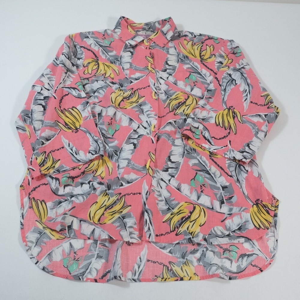 California Shipment Blouse Womens Medium Pink Banana Print Vintage 80s Top USA